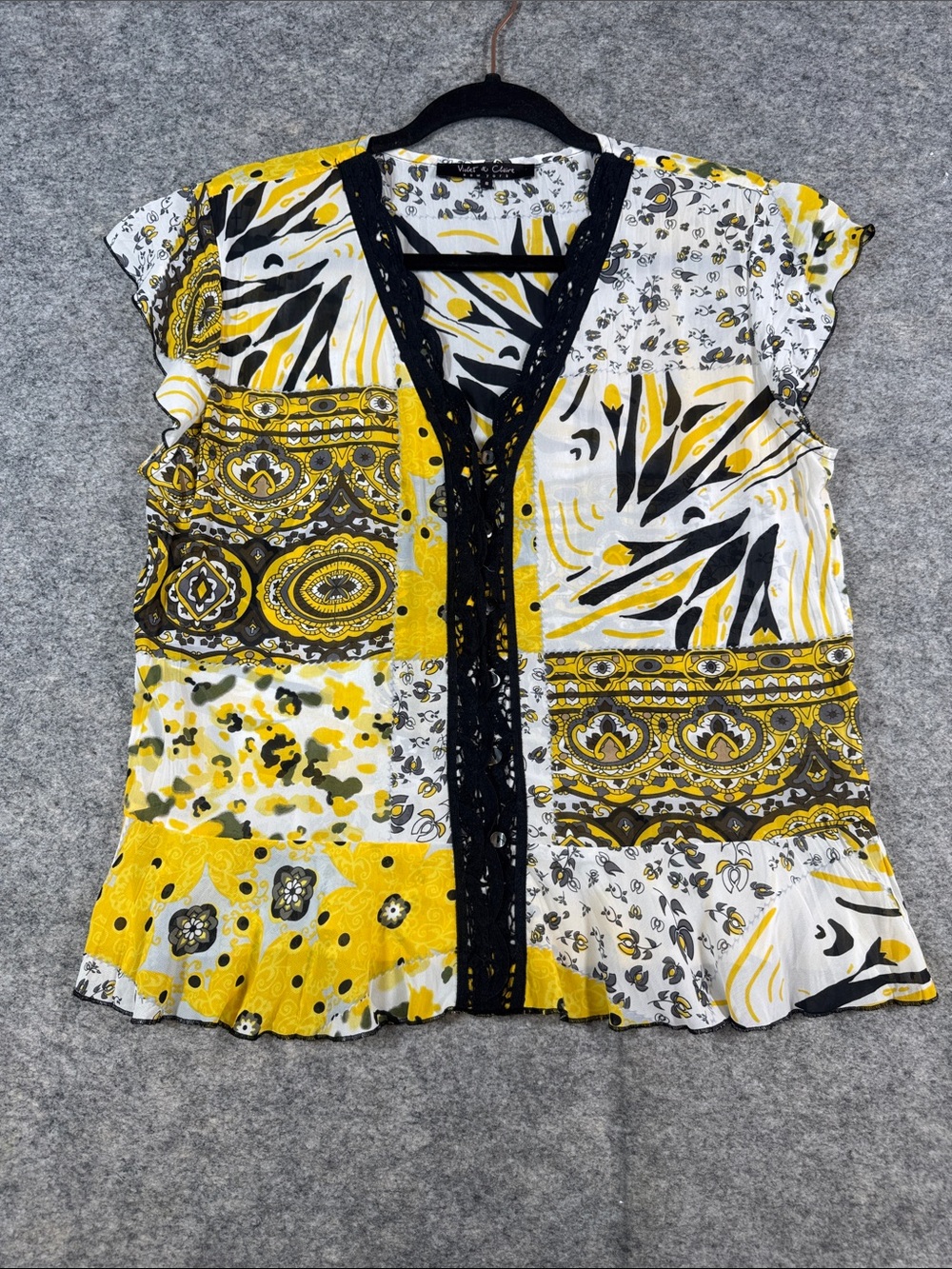 Violet & Claire Patchwork Print Y2K Blouse Yellow Black Small Boho Peplum Top - Picture 2 of 12